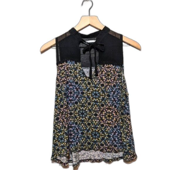 Kimchi Blue sleeveless top with tie neck sheer shoulders floral pattern sz S - Picture 1 of 8